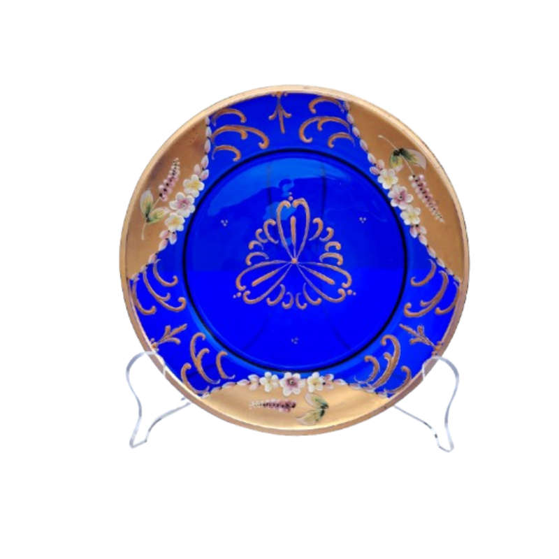 Bohemian Czech Glass Hand Painted Gold Plate Cobalt Blue with Flowers