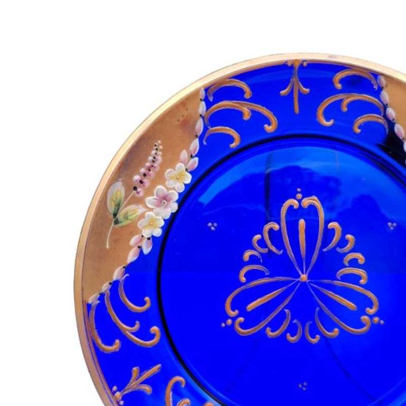 Bohemian Czech Glass Hand Painted Gold Plate Cobalt Blue with Flowers