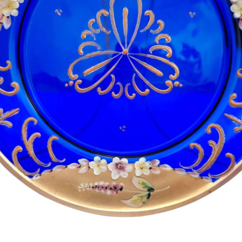 Bohemian Czech Glass Hand Painted Gold Plate Cobalt Blue with Flowers