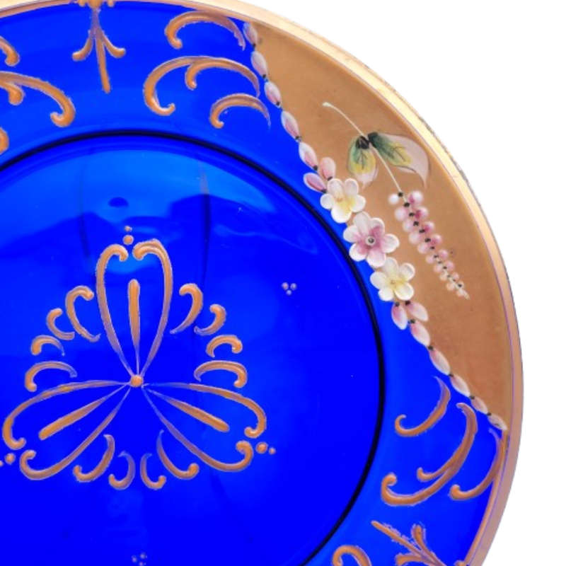 Bohemian Czech Glass Hand Painted Gold Plate Cobalt Blue with Flowers