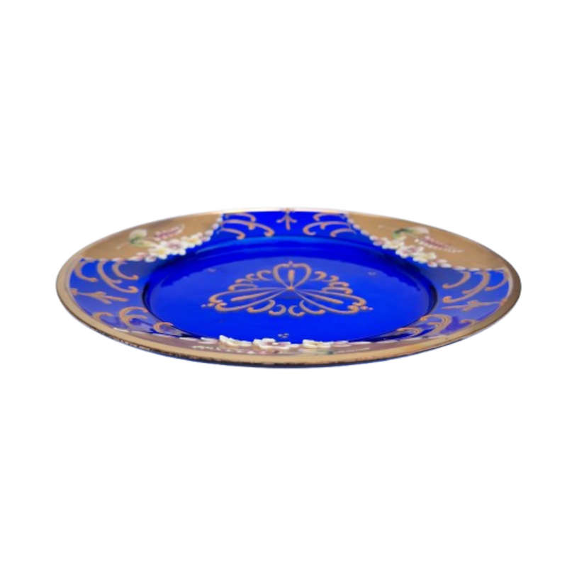 Bohemian Czech Glass Hand Painted Gold Plate Cobalt Blue with Flowers