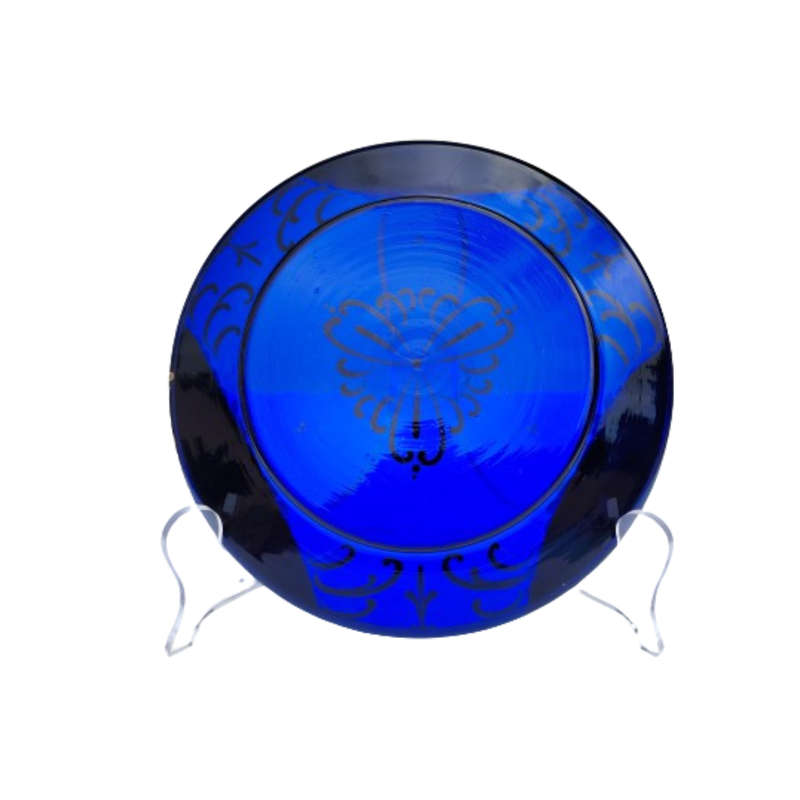 Bohemian Czech Glass Hand Painted Gold Plate Cobalt Blue with Flowers