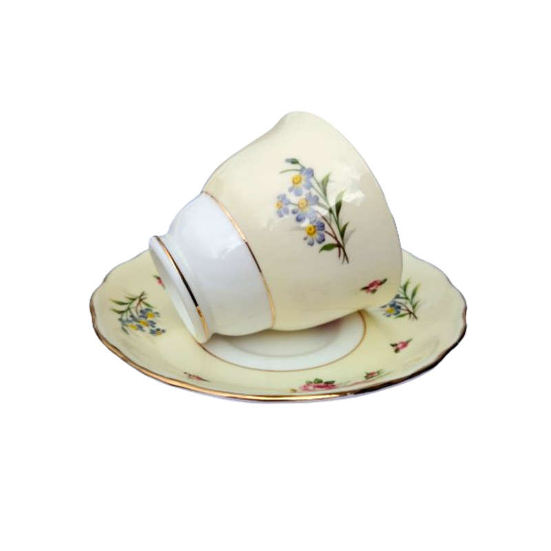 Colclough Tea Set Pale Yellow Bands decorated with colorful flowers