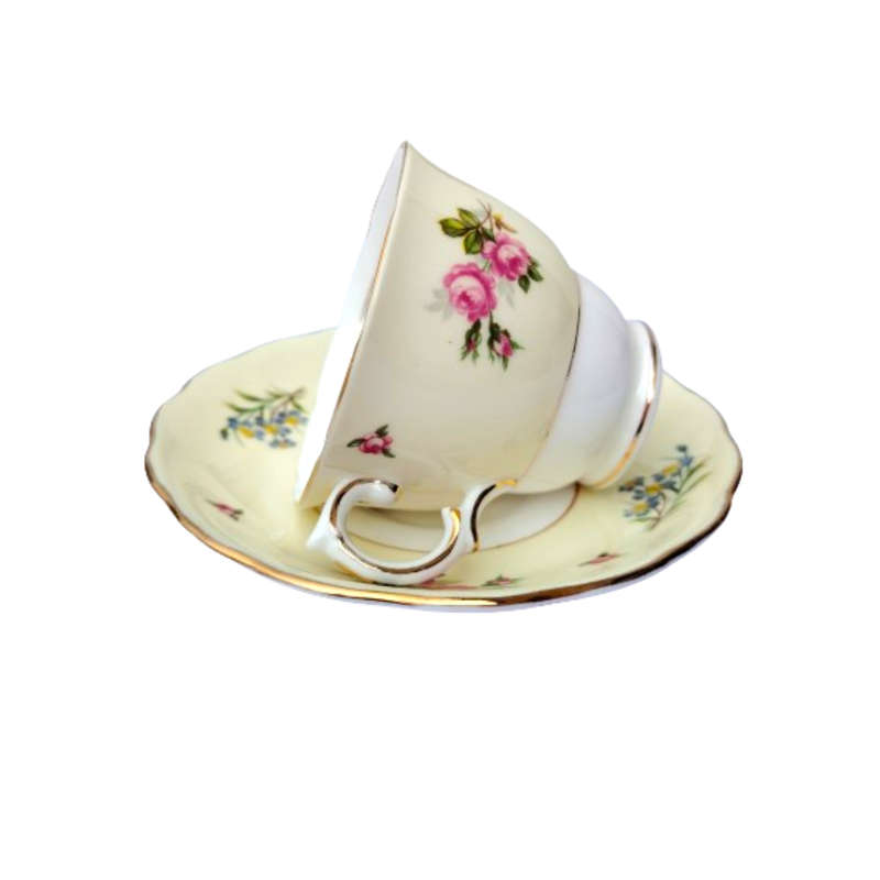 Colclough Tea Set Pale Yellow Bands decorated with colorful flowers