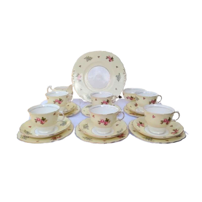 Colclough Tea Set Pale Yellow Bands decorated with colorful flowers