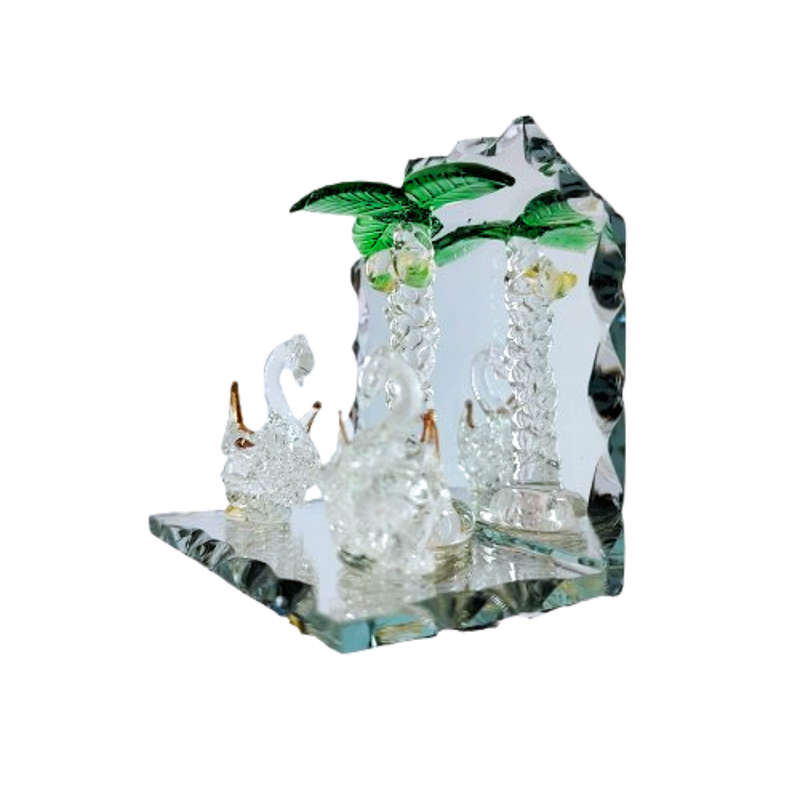 Cut Glass Crystal Swans under tree Mirror Display