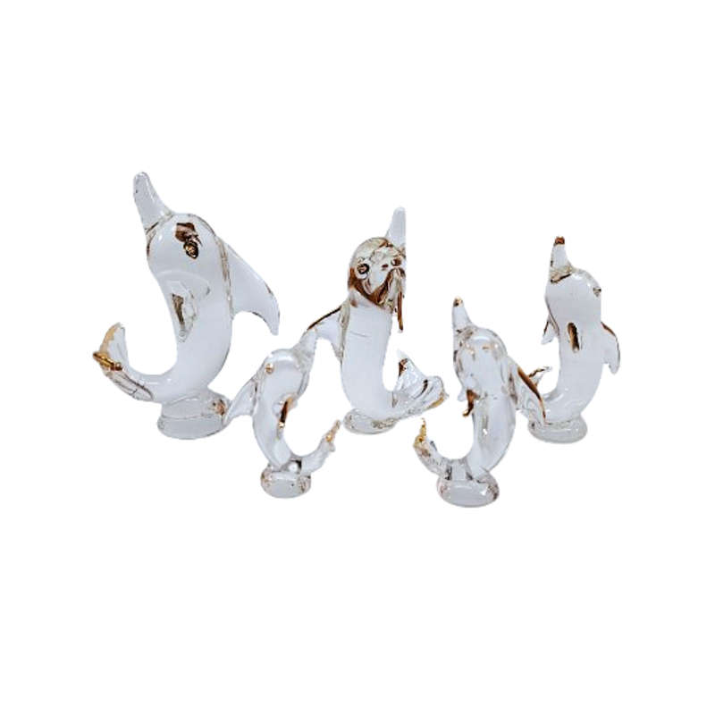 Stunning Boxed Family of Glass Dolphins with Gold Trim