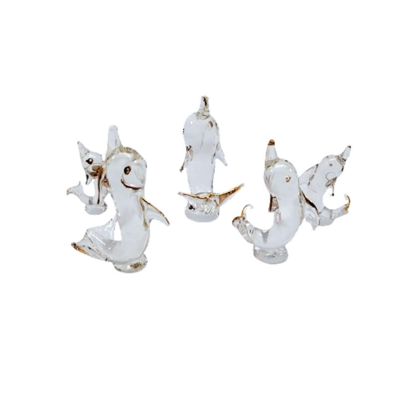 Stunning Boxed Family of Glass Dolphins with Gold Trim