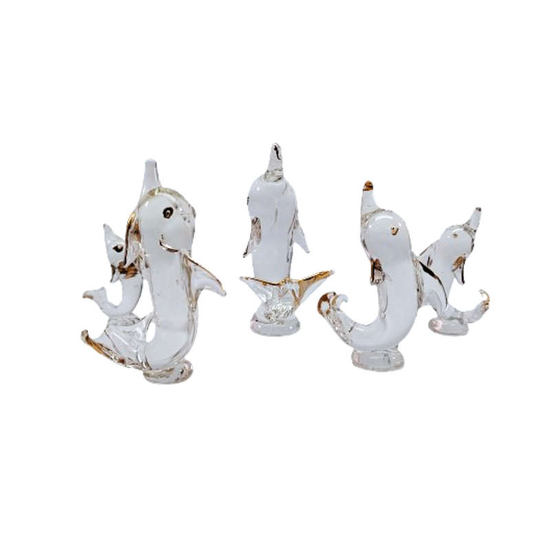 Stunning Boxed Family of Glass Dolphins with Gold Trim