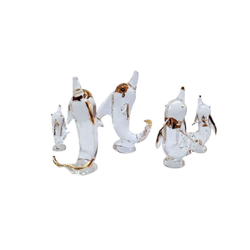 Stunning Boxed Family of Glass Dolphins with Gold Trim