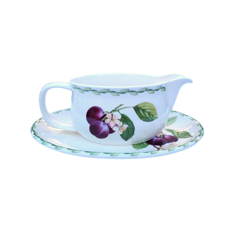 Fruits and Flowers Royal Bone China Sauce Boat on Plate