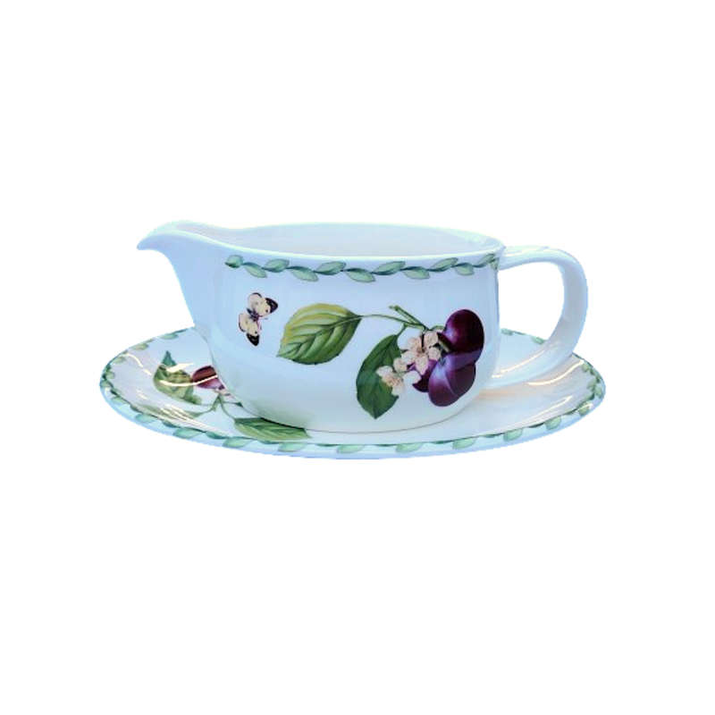 Fruits and Flowers Royal Bone China Sauce Boat on Plate