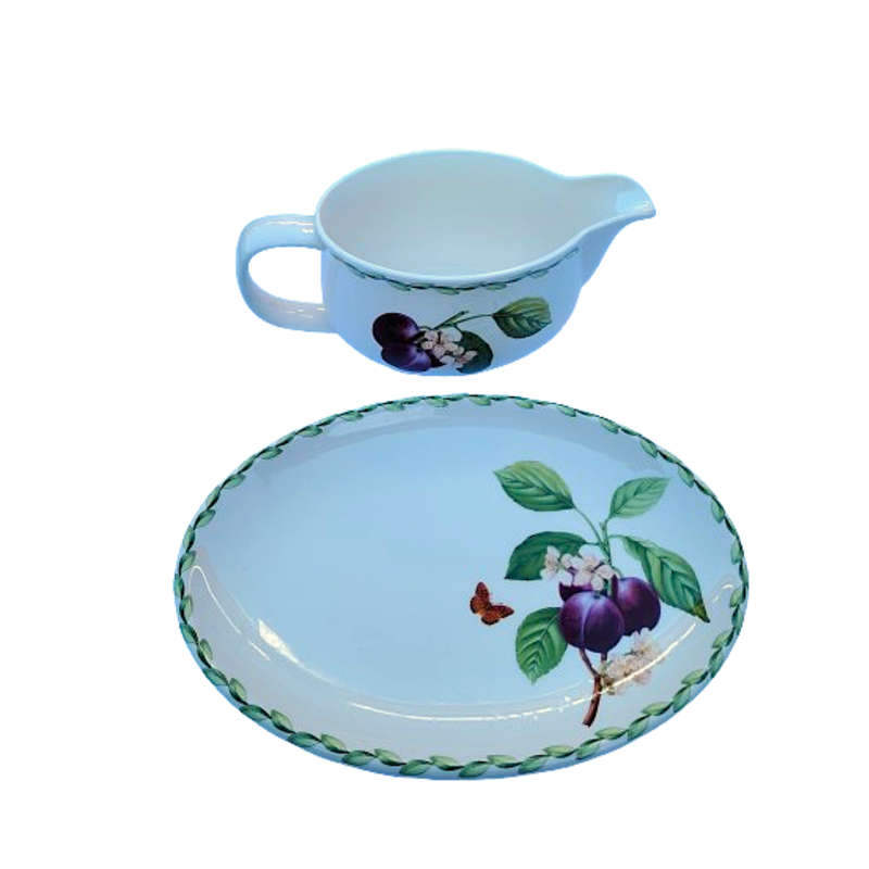 Fruits and Flowers Royal Bone China Sauce Boat on Plate
