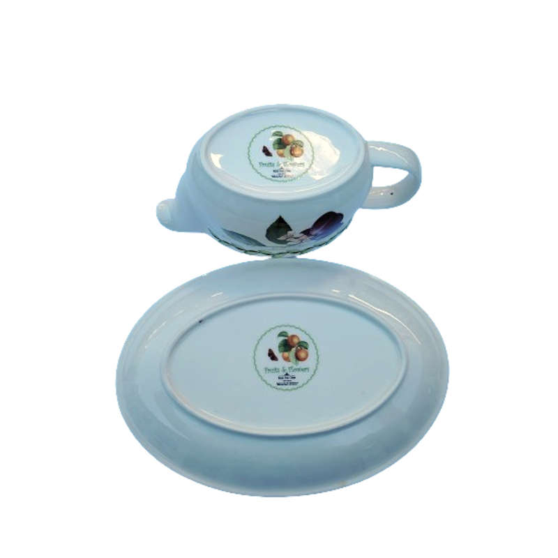 Fruits and Flowers Royal Bone China Sauce Boat on Plate