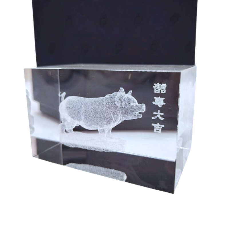Etched Solid Glass Crystal Cube  Zodiac Chinese Pig Paperweight