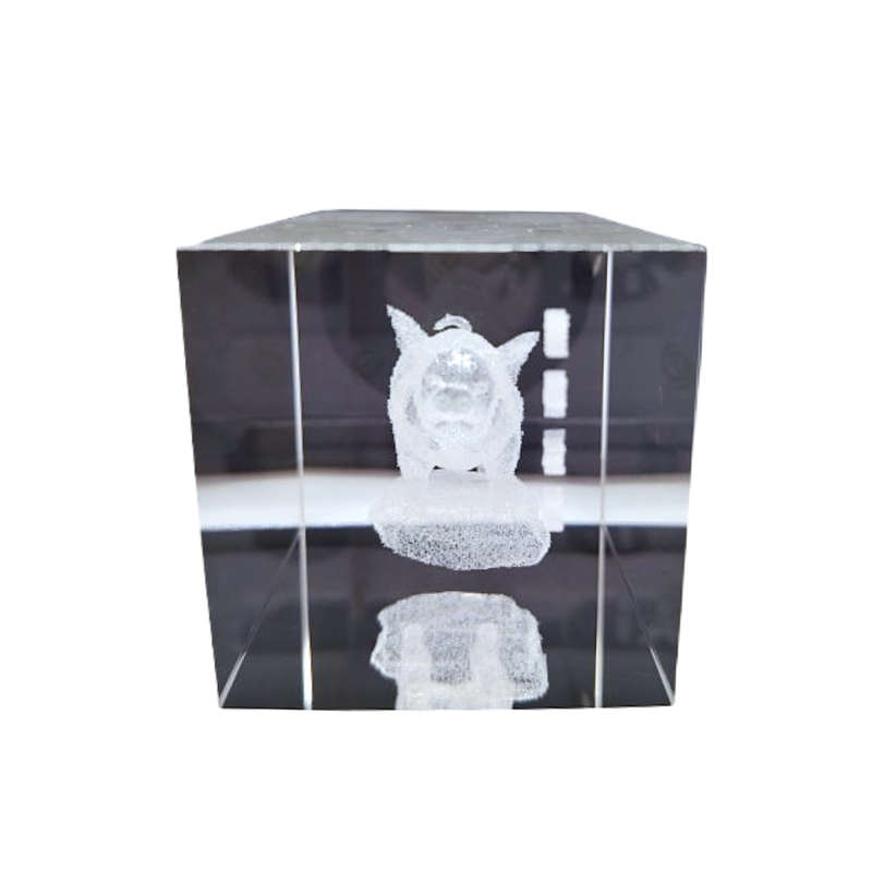 Etched Solid Glass Crystal Cube  Zodiac Chinese Pig Paperweight
