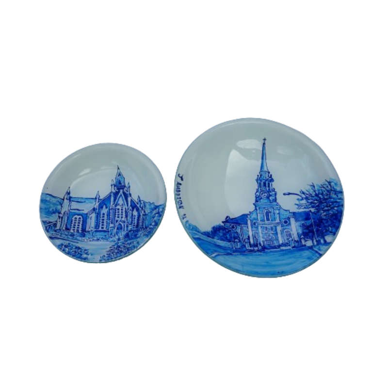 Two Glass Dish Blue on White Church J.Anderson