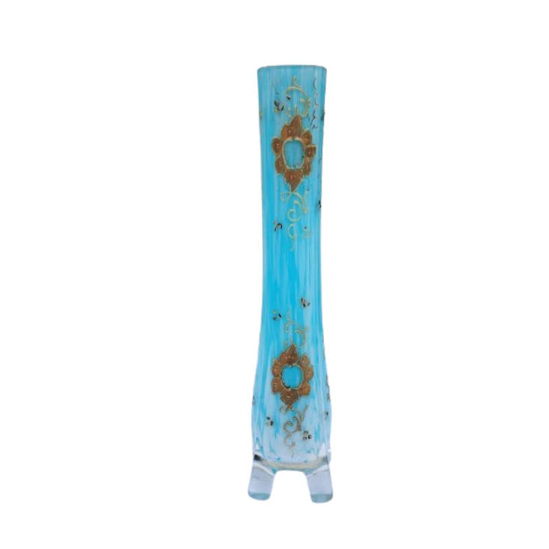 Beautiful Vintage Milky Blue Glass Bud Vase with Gold Detail