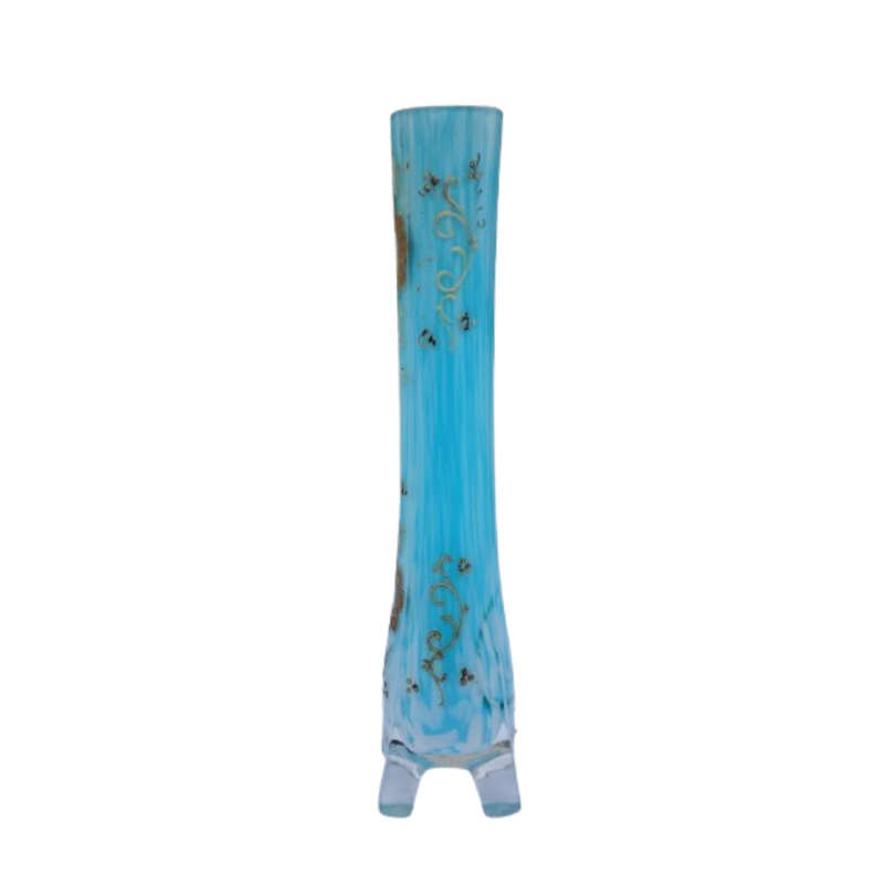 Beautiful Vintage Milky Blue Glass Bud Vase with Gold Detail