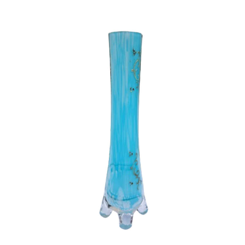 Beautiful Vintage Milky Blue Glass Bud Vase with Gold Detail