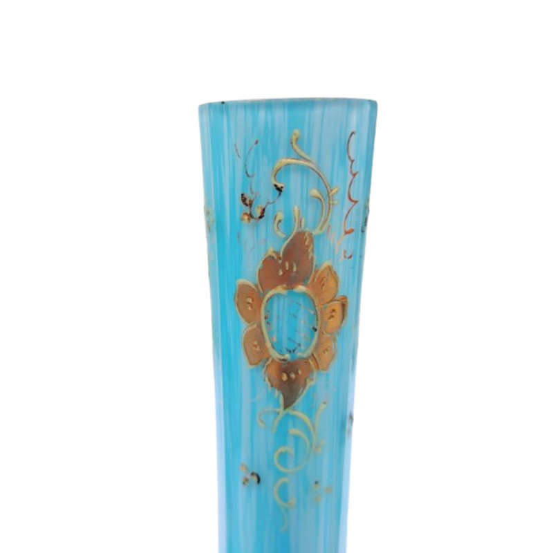 Beautiful Vintage Milky Blue Glass Bud Vase with Gold Detail