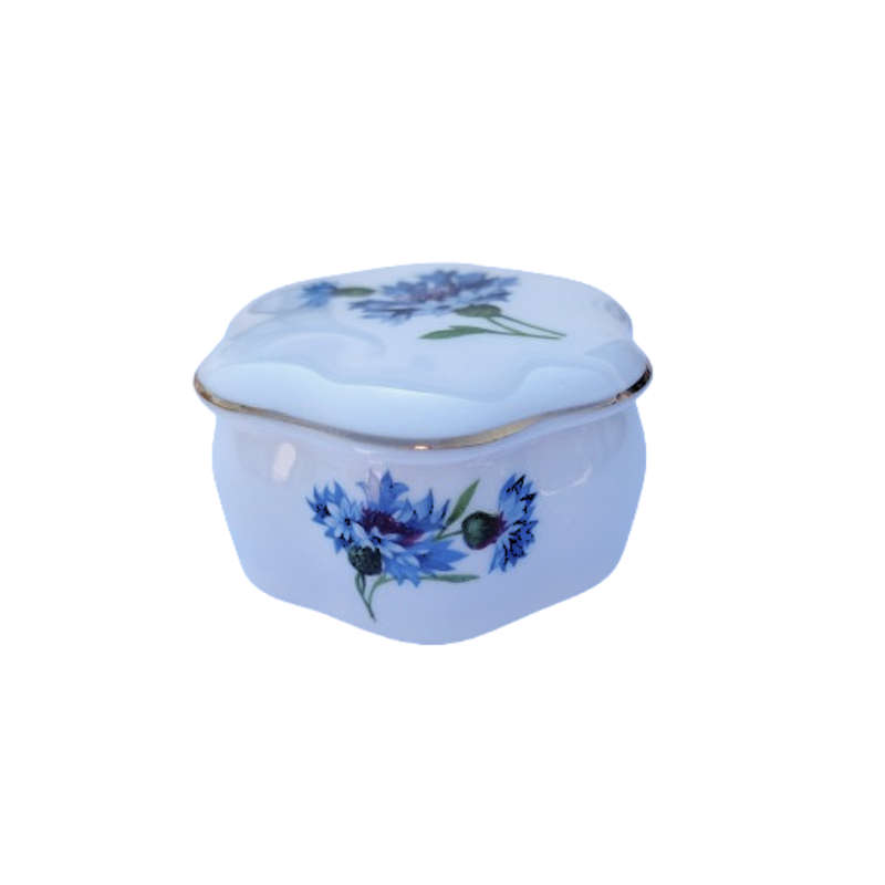 Hammersley Bone China Trinket Box Hexagon Blue Flowers on White