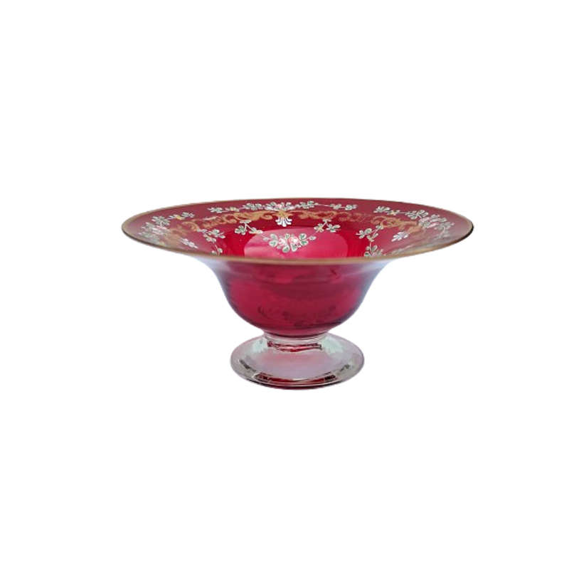 Bohemian Czech Glass Hand Painted Gold Ruby Red Footed Bowl