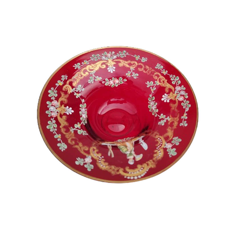 Bohemian Czech Glass Hand Painted Gold Ruby Red Footed Bowl