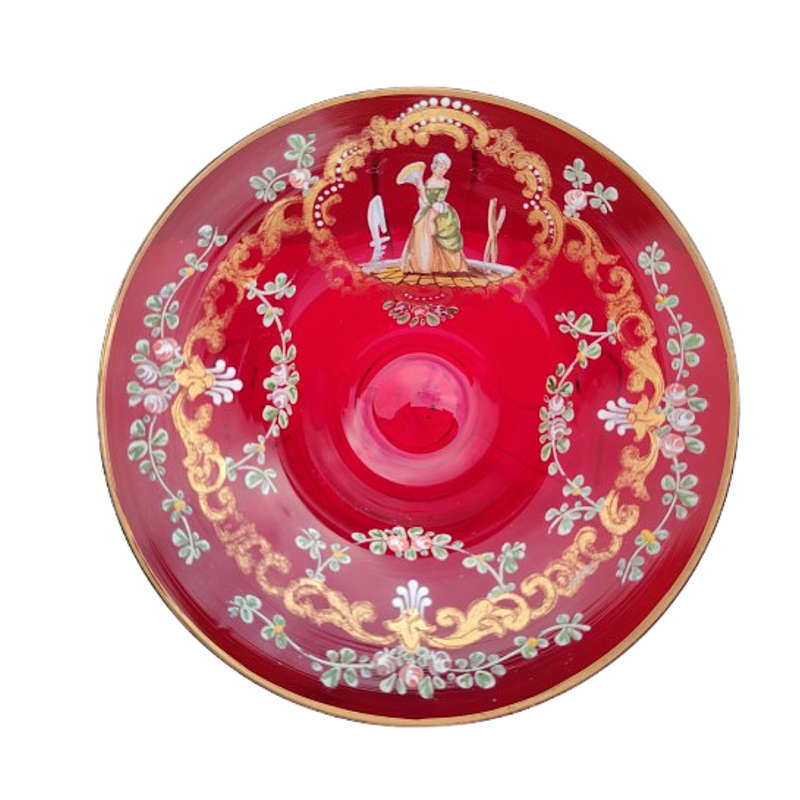 Bohemian Czech Glass Hand Painted Gold Ruby Red Footed Bowl