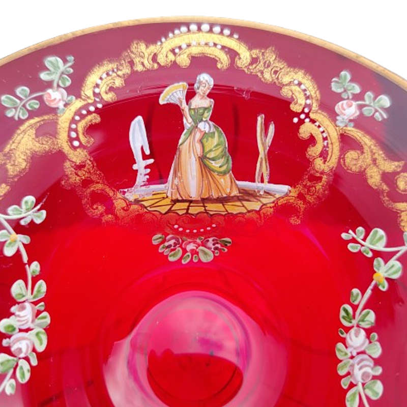 Bohemian Czech Glass Hand Painted Gold Ruby Red Footed Bowl