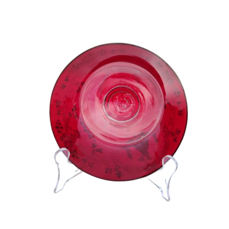 Bohemian Czech Glass Hand Painted Gold Ruby Red Footed Bowl