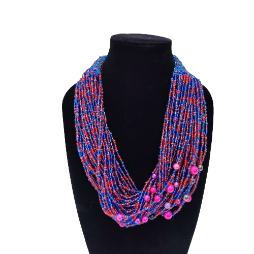 Abacus Original Beaded Necklace Stunning Blue and Pink Glass Bead Bib Necklace