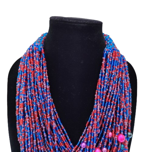 Abacus Original Beaded Necklace Stunning Blue and Pink Glass Bead Bib Necklace