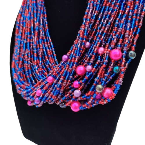 Abacus Original Beaded Necklace Stunning Blue and Pink Glass Bead Bib Necklace