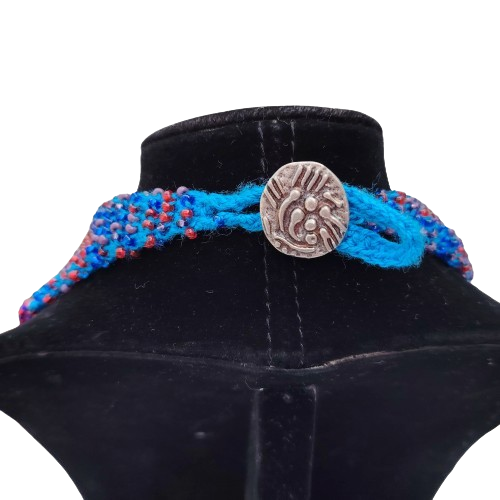 Abacus Original Beaded Necklace Stunning Blue and Pink Glass Bead Bib Necklace