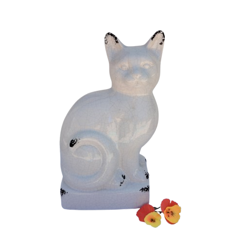 Large Sitting White Raku Glazed Cat