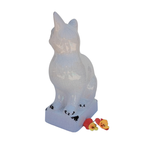 Large Sitting White Raku Glazed Cat