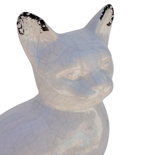 Large Sitting White Raku Glazed Cat
