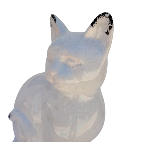 Large Sitting White Raku Glazed Cat