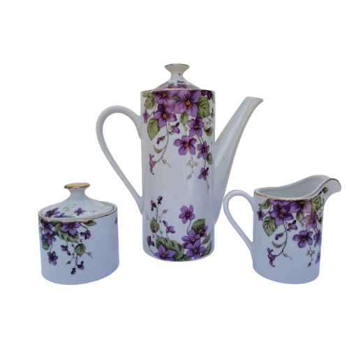 Limoges Porcelain Purple Flowers Coffee Set