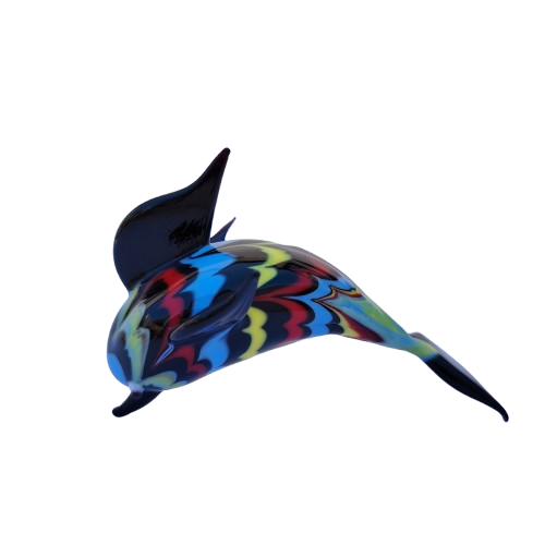 Murano Glass Black Fish with Multi Coloured Pattern