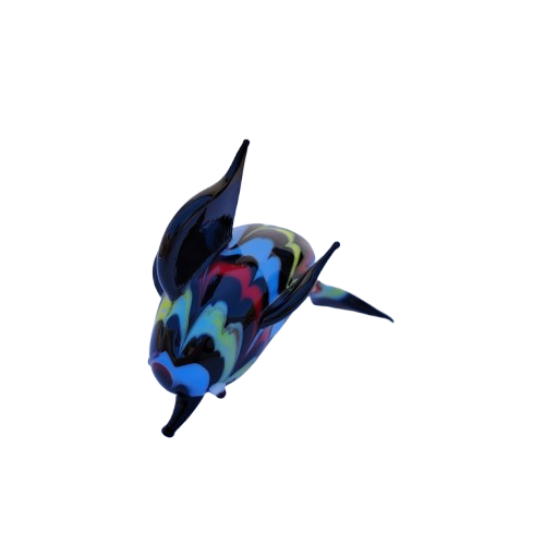 Murano Glass Black Fish with Multi Coloured Pattern