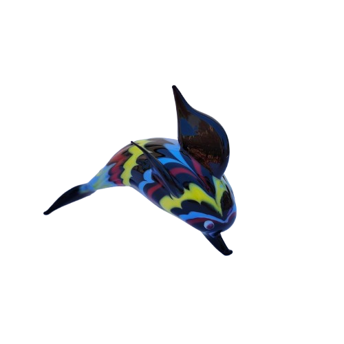 Murano Glass Black Fish with Multi Coloured Pattern