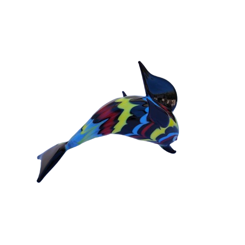 Murano Glass Black Fish with Multi Coloured Pattern