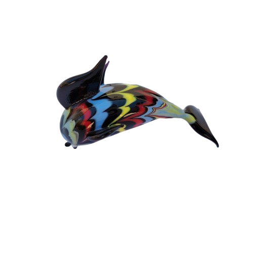 Murano Glass Black Fish with Multi Coloured Pattern
