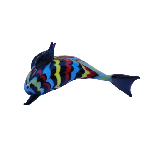 Murano Glass Black Fish with Multi Coloured Pattern