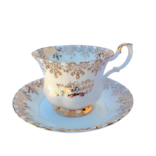 Royal Albert Happy Birthday Bone China Teacup & Saucer Gold Accents