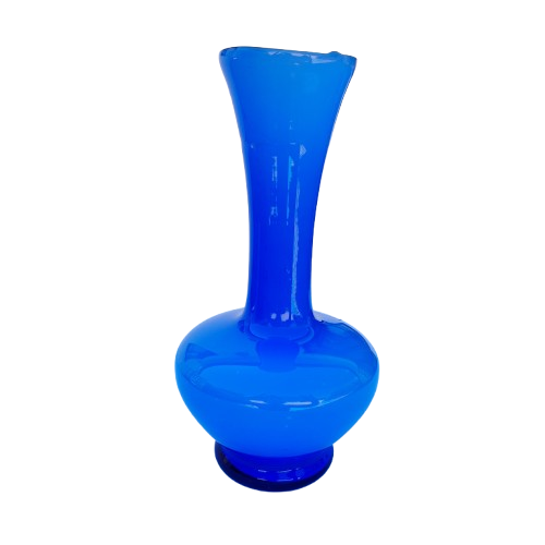 Blue Hand Blown Glass Vase White Interior