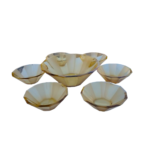 Vintage Heavy Amber Etched 10-Sided Glass Bowl Set