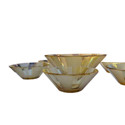 Vintage Heavy Amber Etched 10-Sided Glass Bowl Set
